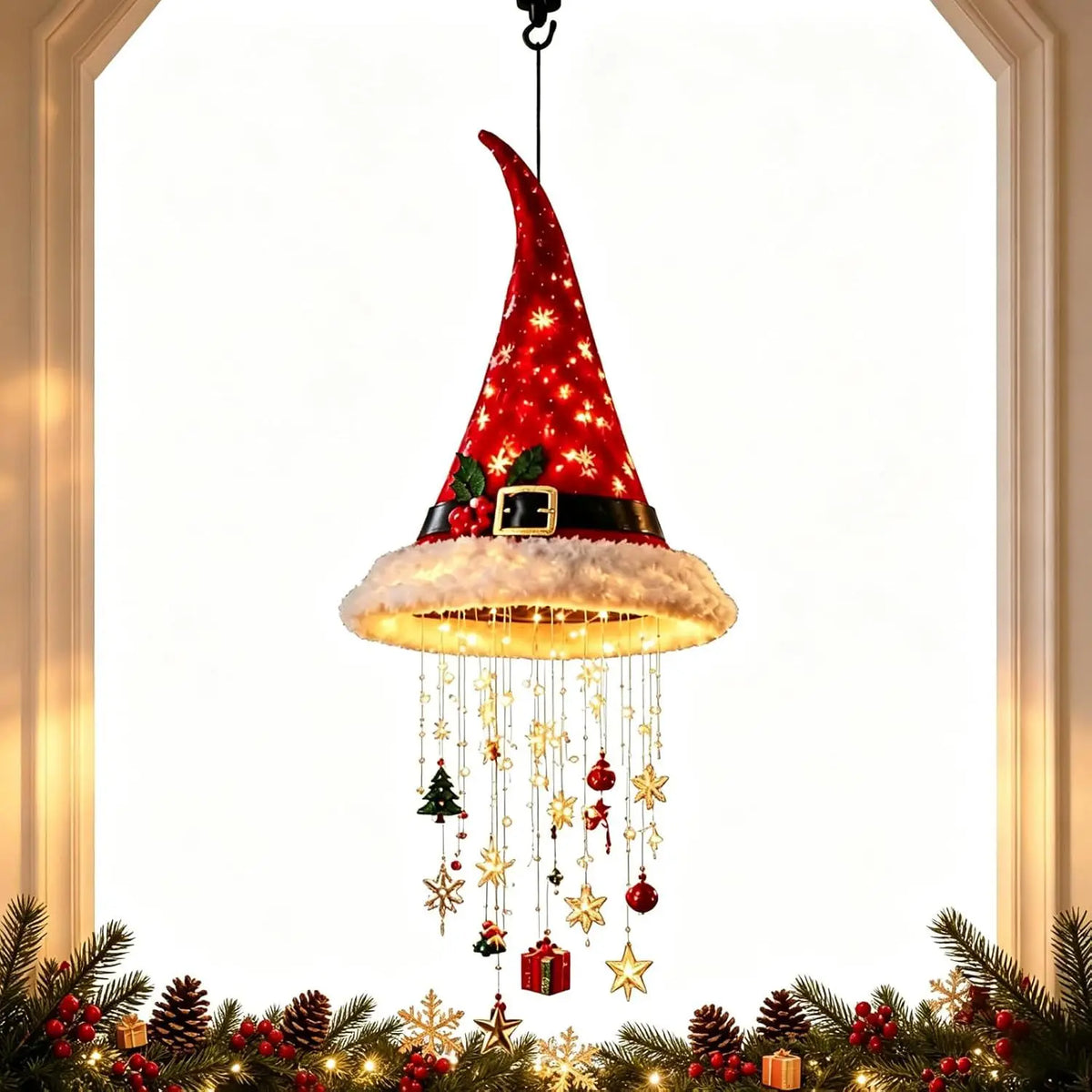 Luminária Chapéu de Papai Noel LED — Cortina Pendente Decorativa de Natal ✨🎄