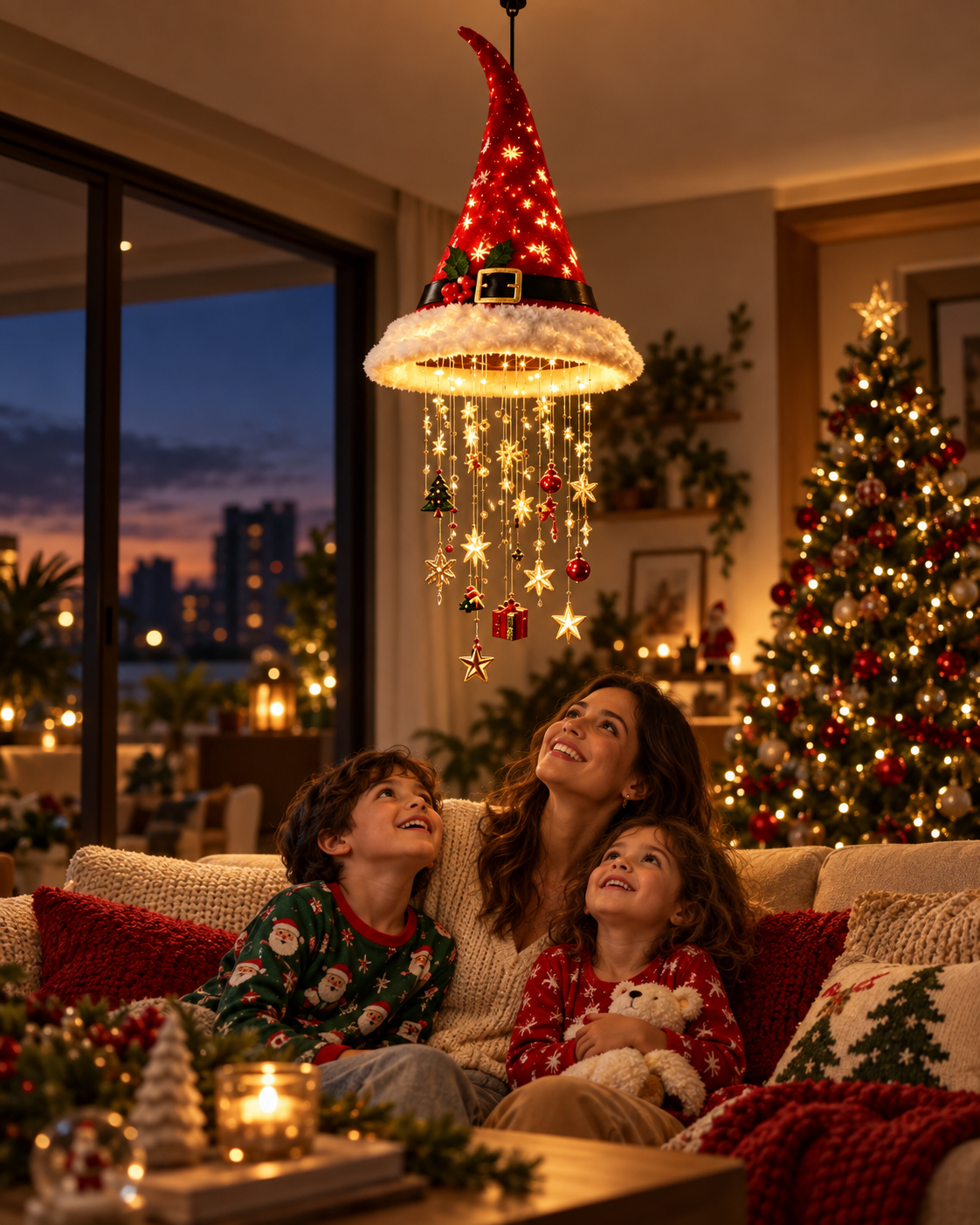 Família brasileira admirando a Luminária Chapéu de Papai Noel LED pendurada na sala de estar decorada para o Natal